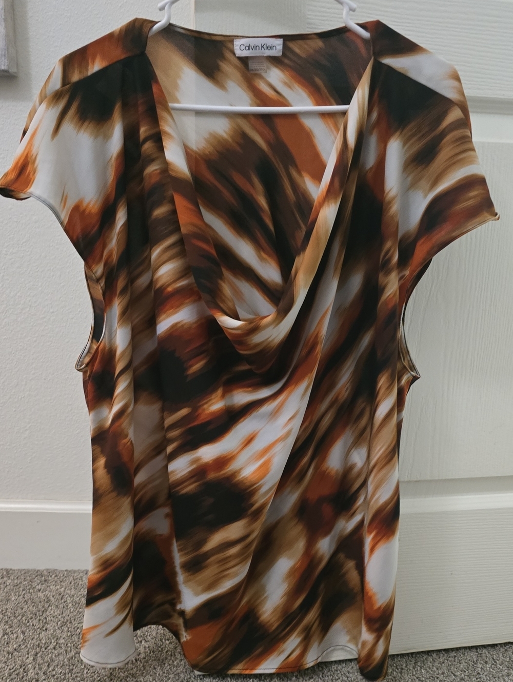 Calvin Klein Brown, Cream & Black Draped Cowl Neck Blouse